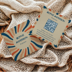 Cartão De Visita Quadrado Quadrado Código QR Explosão Solar Groovy Retro