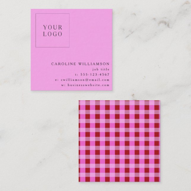 Cartão De Visita Quadrado Quadrado do Logotipo do Xadrez Vermelho Rosa Brilh (Frente/Verso)
