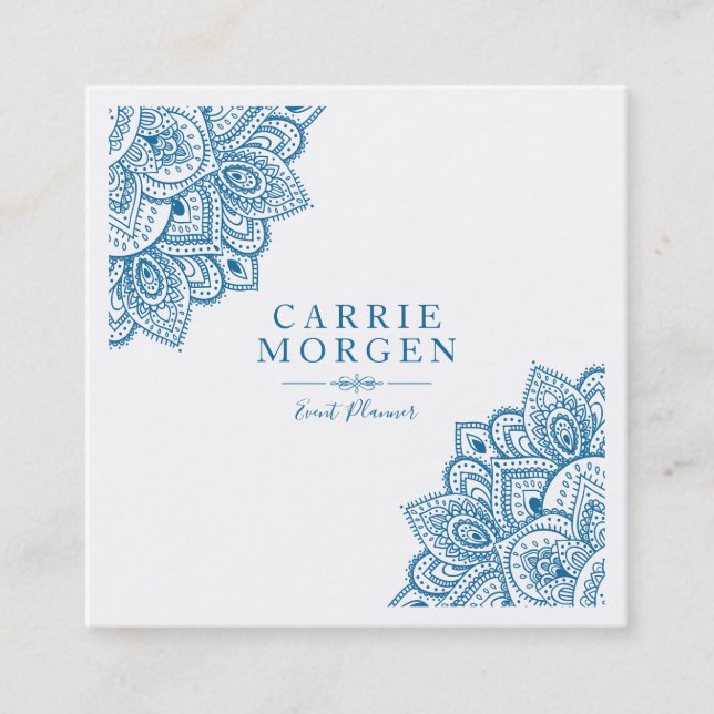Cartão De Visita Quadrado Quadro de Canto Mandal Tribal do Ornamentado Azul- (Frente)