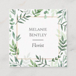 Cartão De Visita Quadrado Quadro de Folhas Botânicas de Cores Aquáticas Eleg