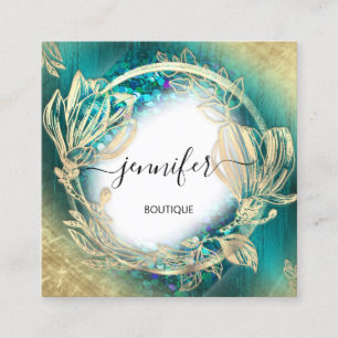 Cartão De Visita Quadrado Quadro Floral Código QR Logotipo Dourado Azul Teór