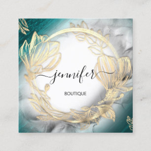 Cartão De Visita Quadrado Quadro Floral Código QR Logotipo Dourado Cinza Tea