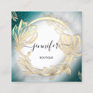 Cartão De Visita Quadrado Quadro Floral Código QR Logotipo Dourado Cinza Tea