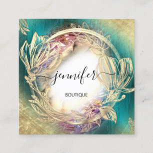 Cartão De Visita Quadrado Quadro Floral Código QR Logotipo Dourado Verde Teó