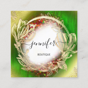 Cartão De Visita Quadrado Quadro Floral Código QR Logotipo Dourado Vermelho