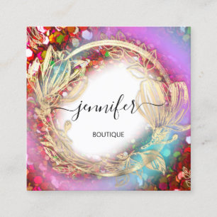 Cartão De Visita Quadrado Quadro Floral Código QR Logotipo rosa Dourado Conf