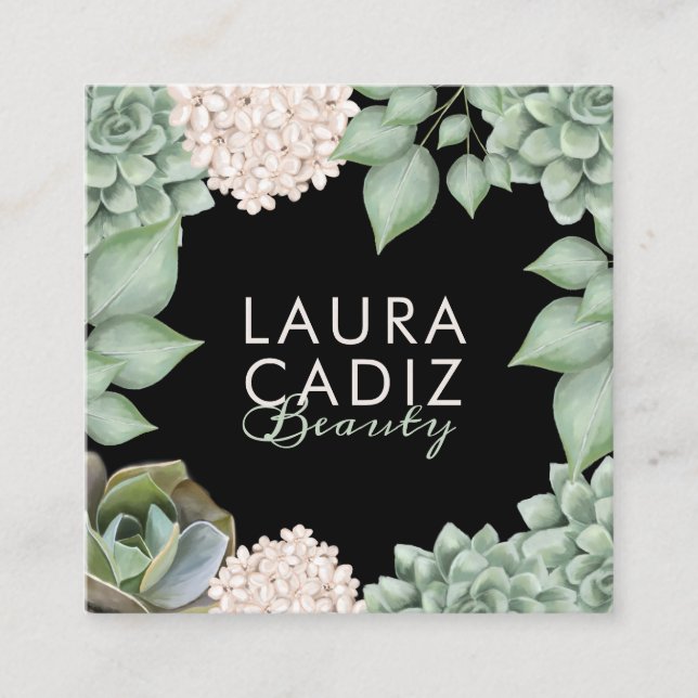 Cartão De Visita Quadrado Quadro Floral e Foliar do País Chic Verde Sage (Frente)