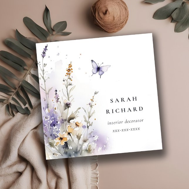 Cartão De Visita Quadrado Quic Lilac Roxo Borboleta de Flores Selvagem Aquar (Criador carregado)