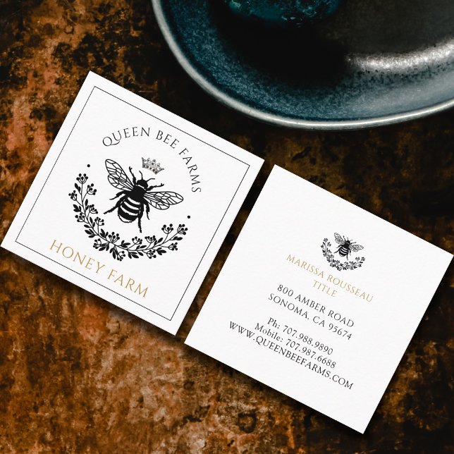Cartão De Visita Quadrado Rainha Elegante Bee Black White Negócios Dourados (Criador carregado)