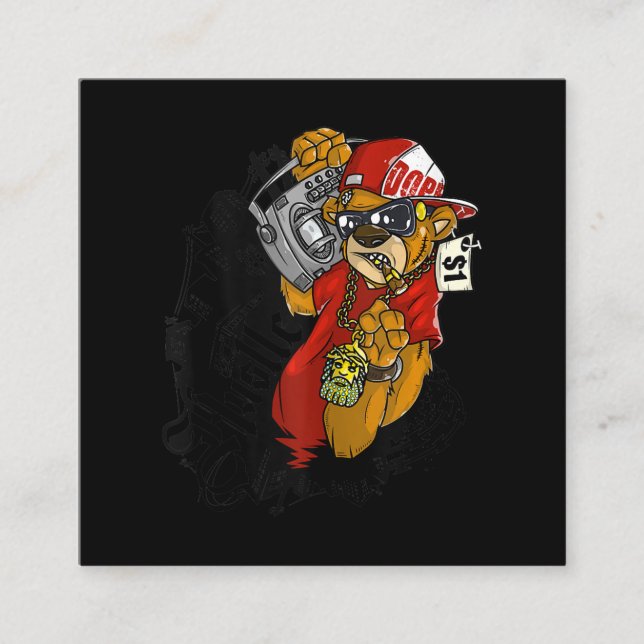 Cartão De Visita Quadrado Rap Gângster de Urso de Pilha de Duro Hustle (Frente)