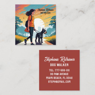 Cartão De Visita Quadrado Rapariga Cão Walker Pet Sitter Em T-shirt Laranja