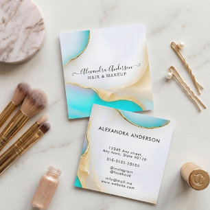 Cartão De Visita Quadrado Realces Dourados de Agato Azul e Branco Feminino