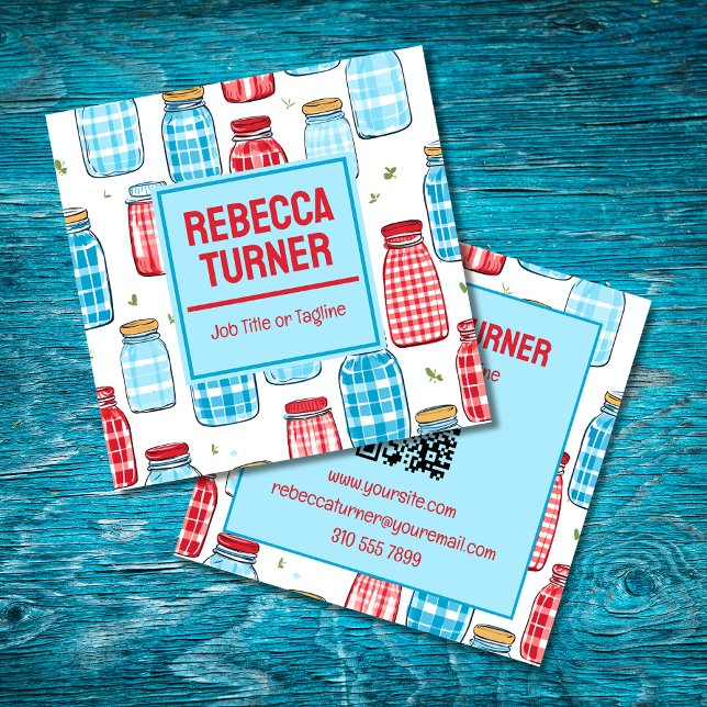 Cartão De Visita Quadrado Red and Blue Mason Jar Pattern, QR Code (Criador carregado)