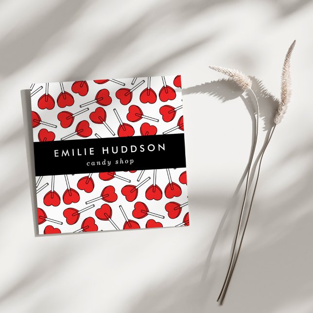 Cartão De Visita Quadrado Red Lollipops, Heart Lollipops, Lolly, Candy Shop (Criador carregado)