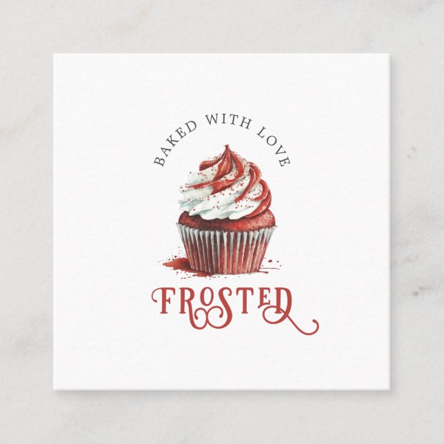 Cartão De Visita Quadrado Red Velvet Baker Cupcake Logo Calligraphy Script  (Frente)