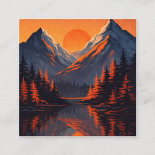 Cartão De Visita Quadrado Reflexo do Pôr do Sol na Montanha com Céu Laranja