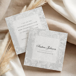 Cartão De Visita Quadrado Renda Branca Floral Elegante Vintage