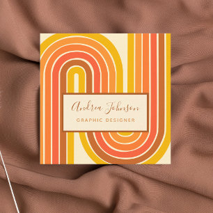 Cartão De Visita Quadrado Retro 60s 70s Arco-Íris Geométrico Sessenta Ondas