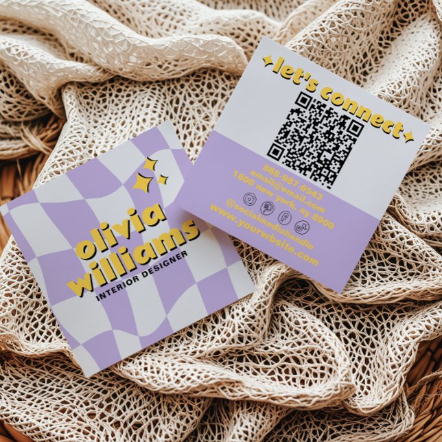 Cartão De Visita Quadrado Retro Bold QR Code Groovy Checkered Boho Funky (Criador carregado)