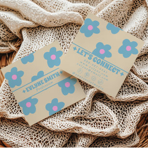 Cartão De Visita Quadrado Retro Creme Azul Groovy Floral Tendência Divertida