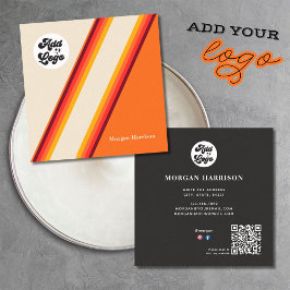 Cartão De Visita Quadrado Retro Laranja Amarelo Listras Logotipo QR Code 70s