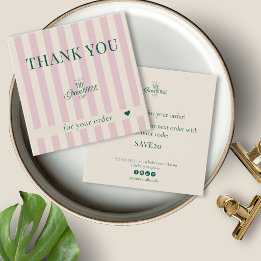 Cartão De Visita Quadrado Retro Pink Stripes Green Bakery Logo Thank You 