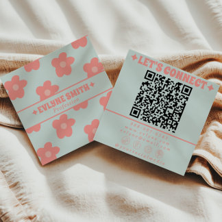 Cartão De Visita Quadrado Retro Rosa Azul Código QR Floral Groovy Feminino 