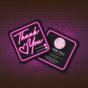 Cartão De Visita Quadrado Retro - Sinal cor-de-rosa iluminado Obrigado ao cl