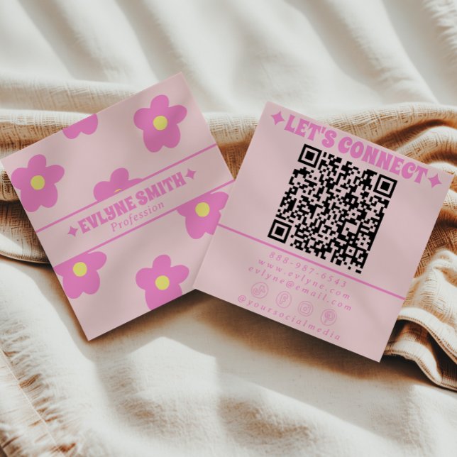 Cartão De Visita Quadrado Retro Soft Pink QR Code Groovy Floral Girly Boho (Criador carregado)