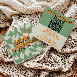 Cartão De Visita Quadrado Retro Verde Laranja Código QR Xadrez Boho