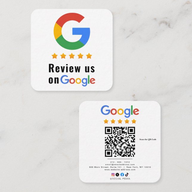 Cartão De Visita Quadrado Review Google Review QR Code Google Ratings (Frente/Verso)