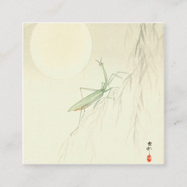 Cartão De Visita Quadrado Rezando Mantis E Lua Cheia Por Ohara Koson (Frente)