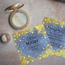 Cartão De Visita Quadrado Rico Starry Glittery Blue E Dourado Makeup Artist