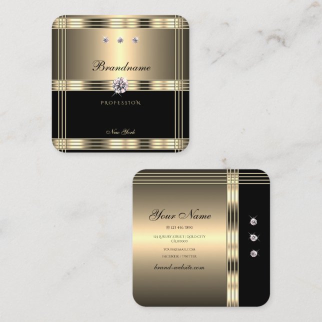 Cartão De Visita Quadrado Rinestonas Douradas e Negras (Frente/Verso)