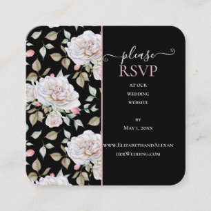 Cartão De Visita Quadrado Romântica White Rose em Black Weding Website RSVP