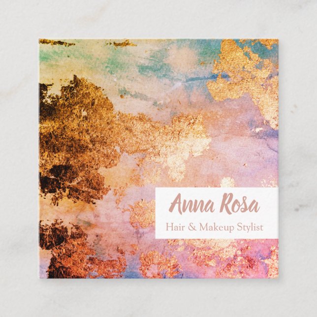 Cartão De Visita Quadrado * Rosa azul Dourado da aguarela abstrata (Frente)