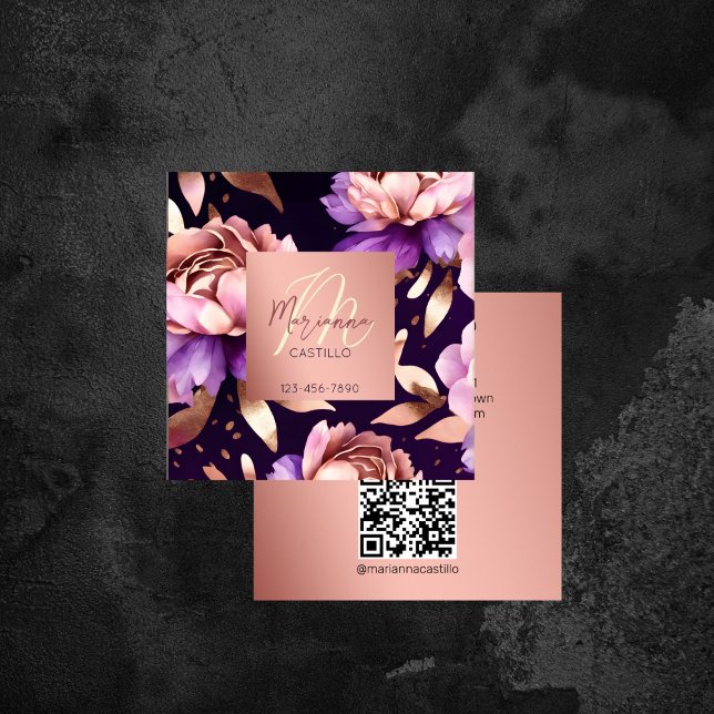 Cartão De Visita Quadrado Rosa douradas roxas modelo modernas quic (Purple rose gold flowers chic modern template square business card makeup artist hair stylist )