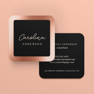Cartão De Visita Quadrado Rosa Dourado Moderno Minimalista Preto Script