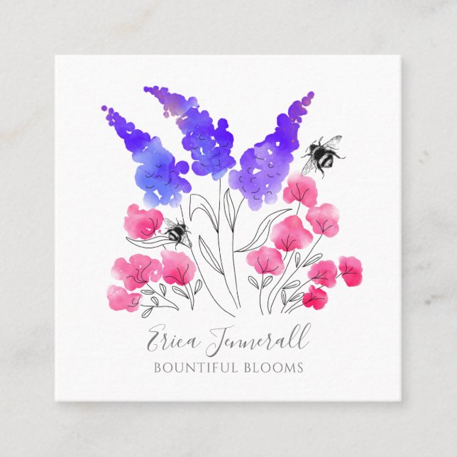 Cartão De Visita Quadrado Rosa Floral de Jardim de Aquarelas Lilac e Abelhas (Frente)