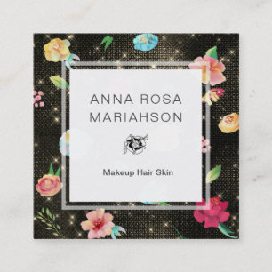 Cartão De Visita Quadrado *~* Rosa Floral moderno - Padrão de Sequência Dour