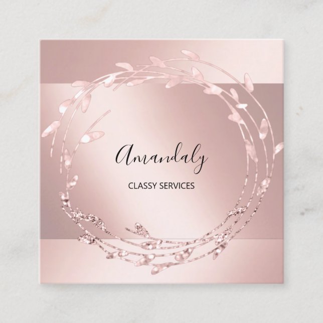 Cartão De Visita Quadrado Rosa Floral Wreath Elegante de Evento, Pink (Frente)