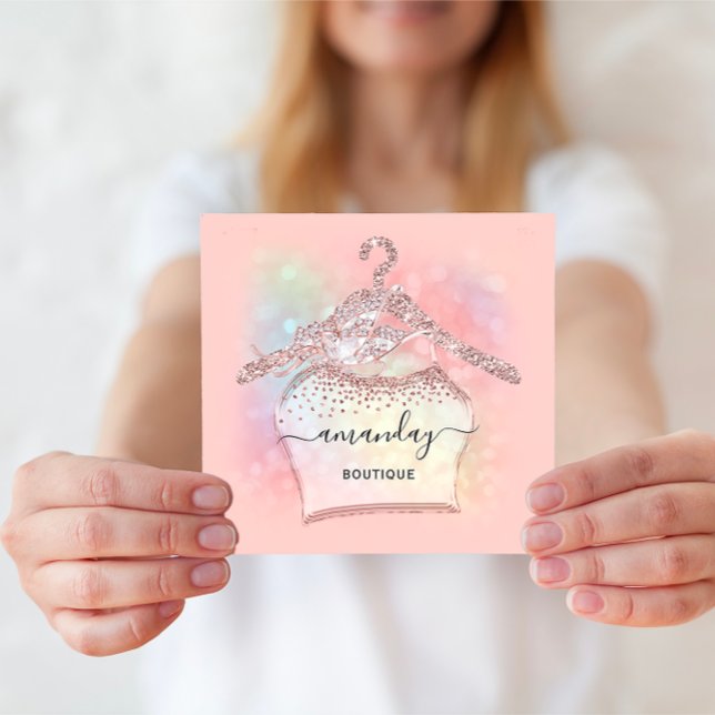 Cartão De Visita Quadrado Rosa Glitter Holographic Cloch Hanger Fashion (Rose Glitter Holographic Cloth Hanger Fashion Square Business Card)