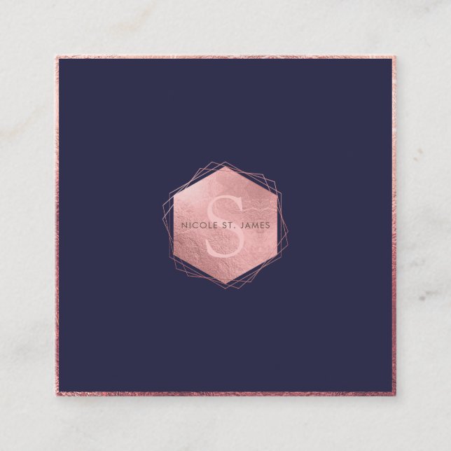 Cartão De Visita Quadrado Rosa PixDezines MONOGRAM/FAUX DOURADO, MARINHO AZU (Frente)