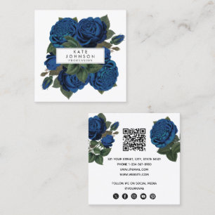 Cartão De Visita Quadrado Rosas Azuis Vintage Flores Florais Código QR