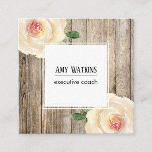 Cartão De Visita Quadrado Rosas De Ivory Watercolor, Madeira Rústica, Ícones