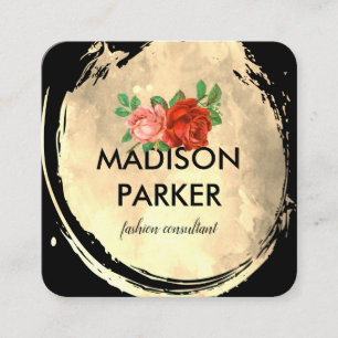 Cartão De Visita Quadrado Rosas Dourados de Aquarela Contemporânea