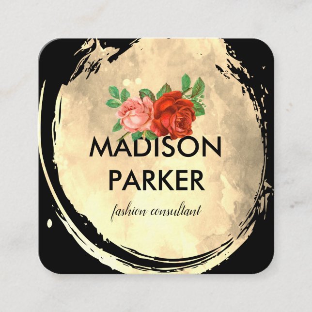 Cartão De Visita Quadrado Rosas Dourados de Aquarela Contemporânea (Frente)
