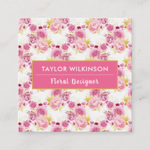 Cartão De Visita Quadrado Rosas Dourados e cor-de-rosa nos negócios brancos
