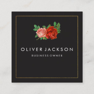 Cartão De Visita Quadrado Rosas Elegantes de Borda Dourada minimalistas prof