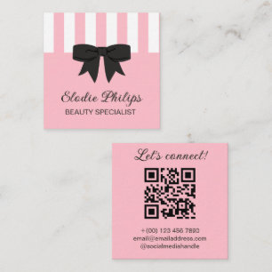 Cartão De Visita Quadrado Rosas Elegantes Listras Brancas & Laço Préppy